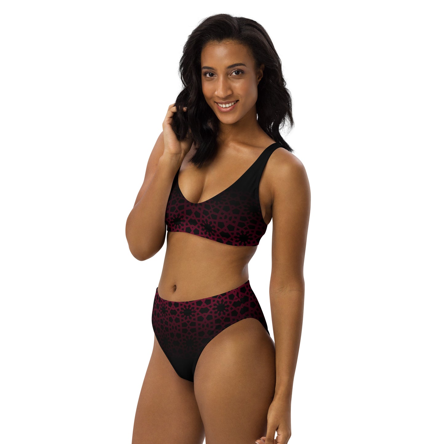 Recycled rPET high-waisted bikini - Geometric Ombre in Black and Red 🍃