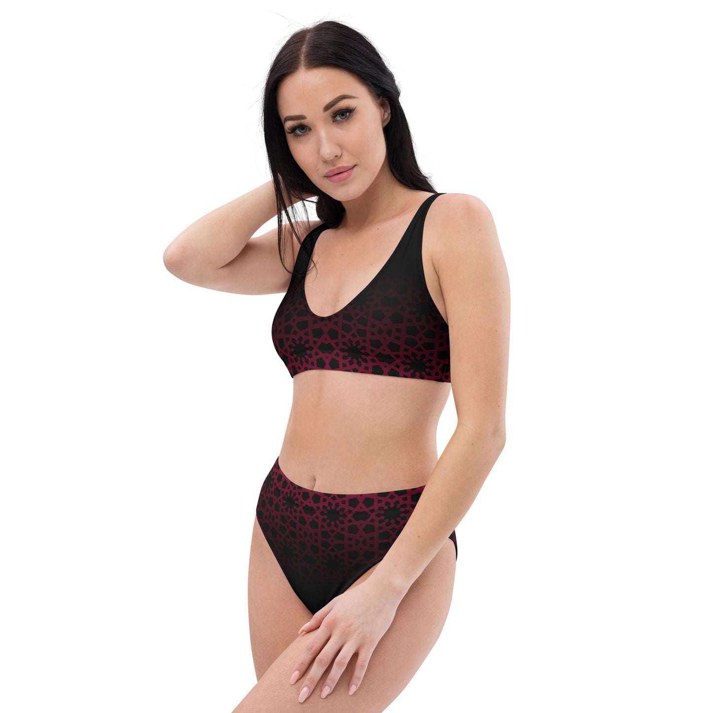 Recycled rPET high-waisted bikini - Geometric Ombre in Black and Red 🍃