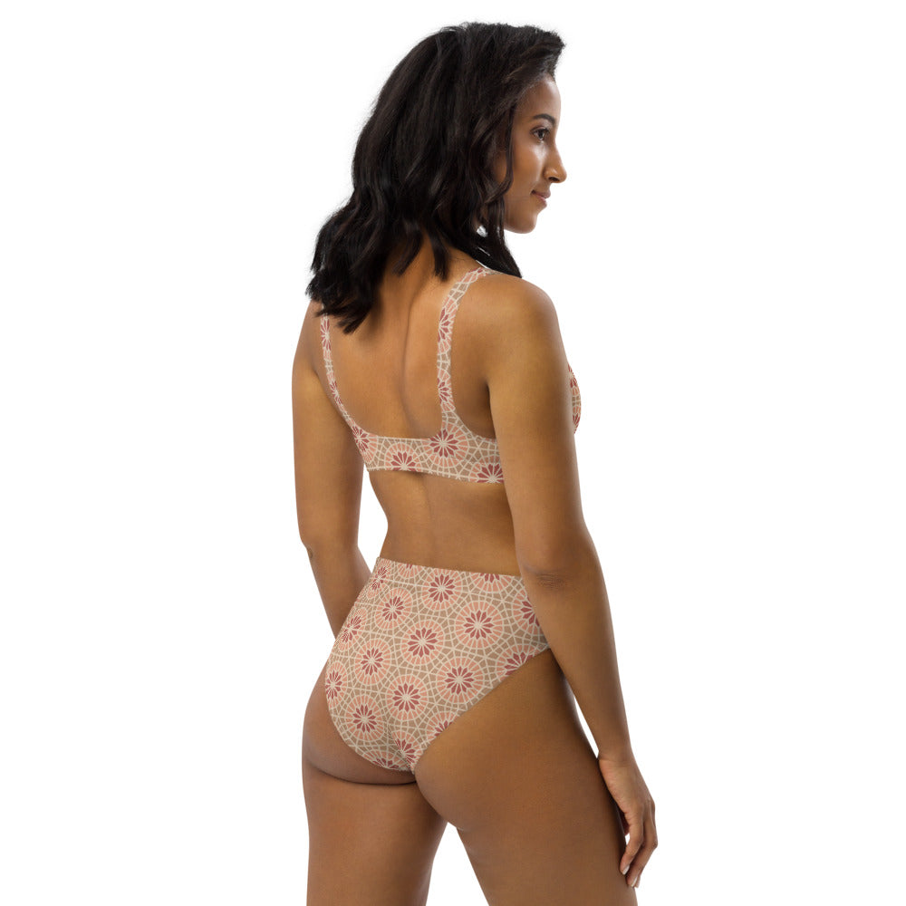 Recycled rPET high-waisted bikini  🍃 - Geometric Star 2 - Cocoa and Cream