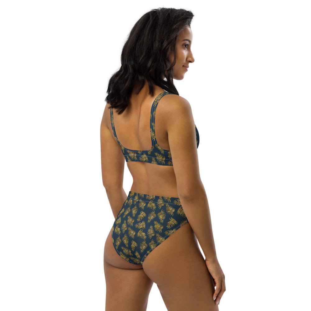 Recycled rPET high-waisted bikini 🍃 Palm Leaves - Gold and Blue