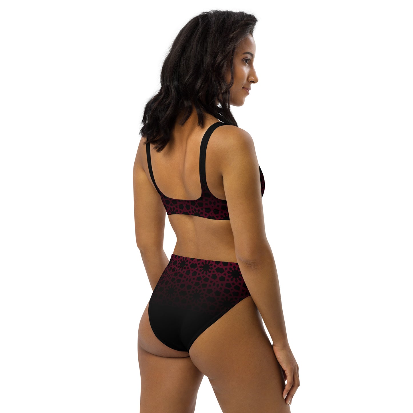 Recycled rPET high-waisted bikini - Geometric Ombre in Black and Red 🍃