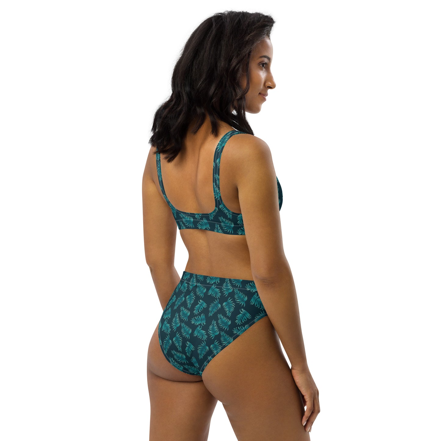 Recycled rPET high-waisted bikini - Palm Leaves in Blue Ombre 🍃