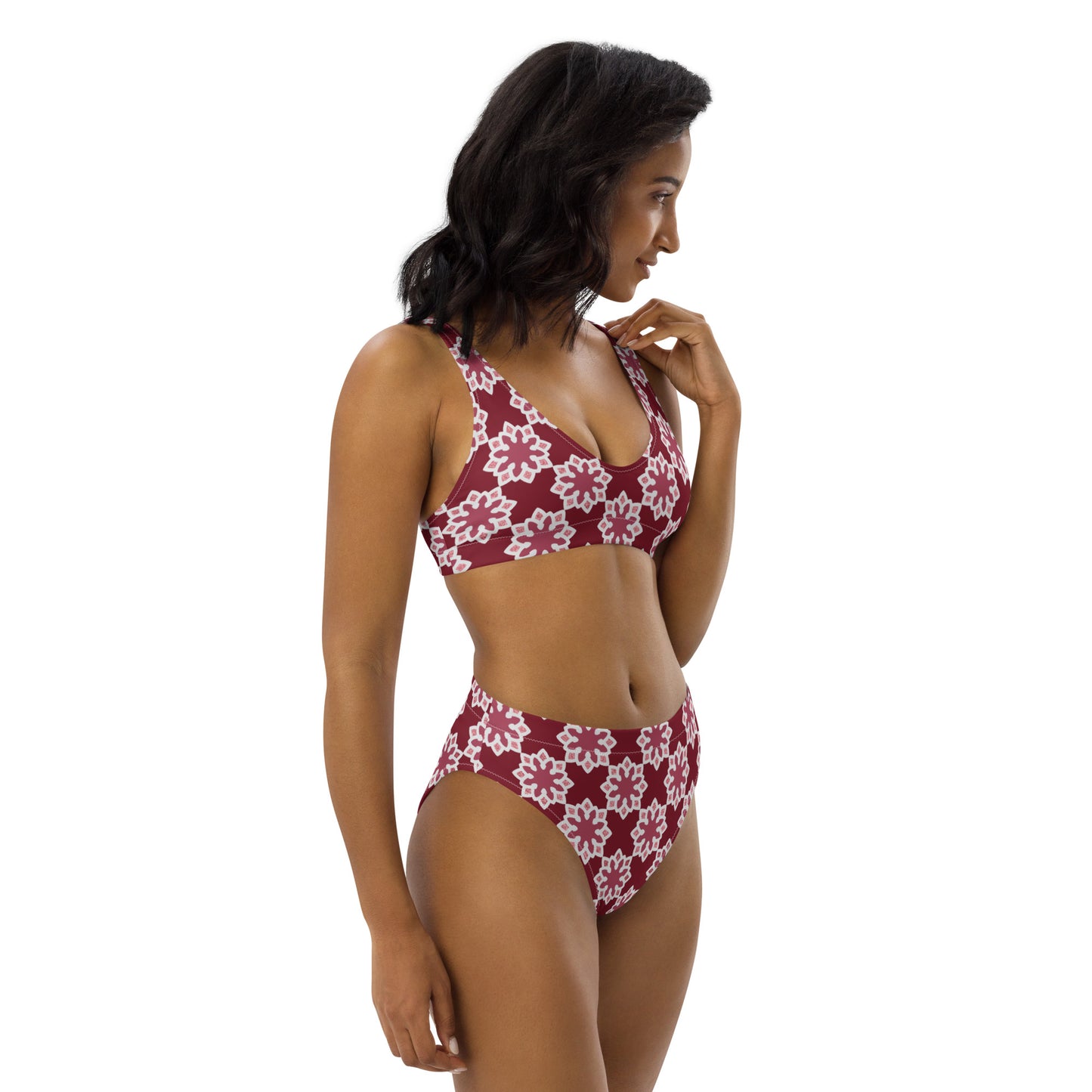 Recycled rPET high-waisted bikini - Arabesque Flower in Rouge 🍃