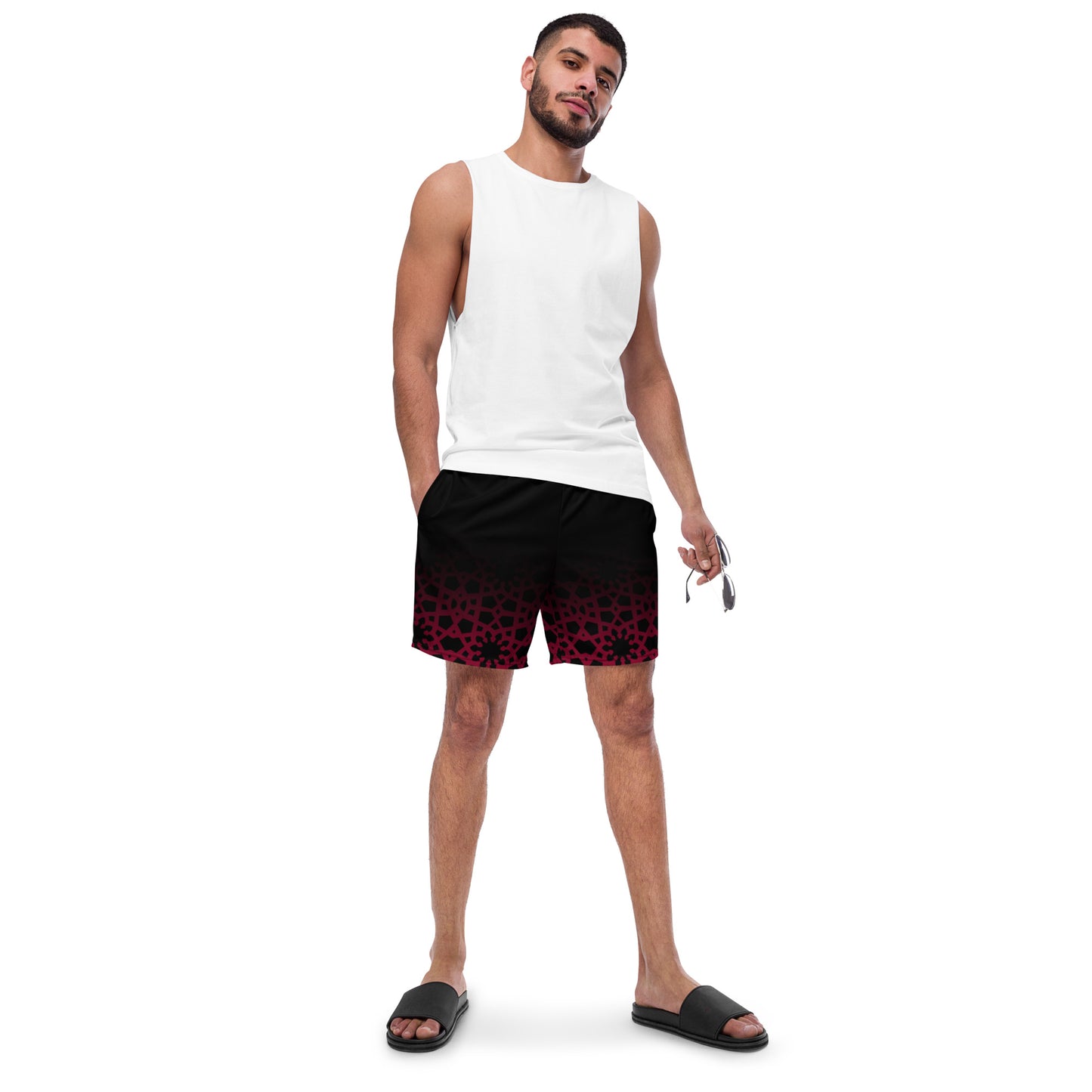 Recycled rPET Men's swim trunks 🍃 Geometric Ombre in Black and Red