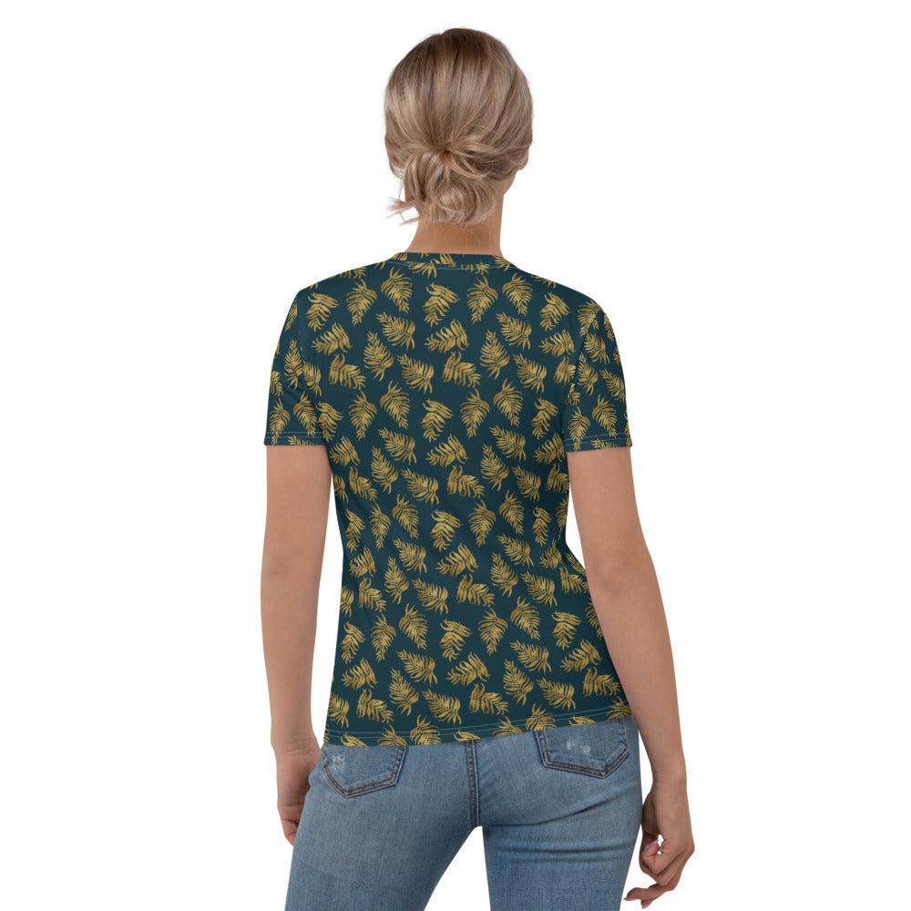 Women's T-shirt - Palm Leaves in Gold and Teal