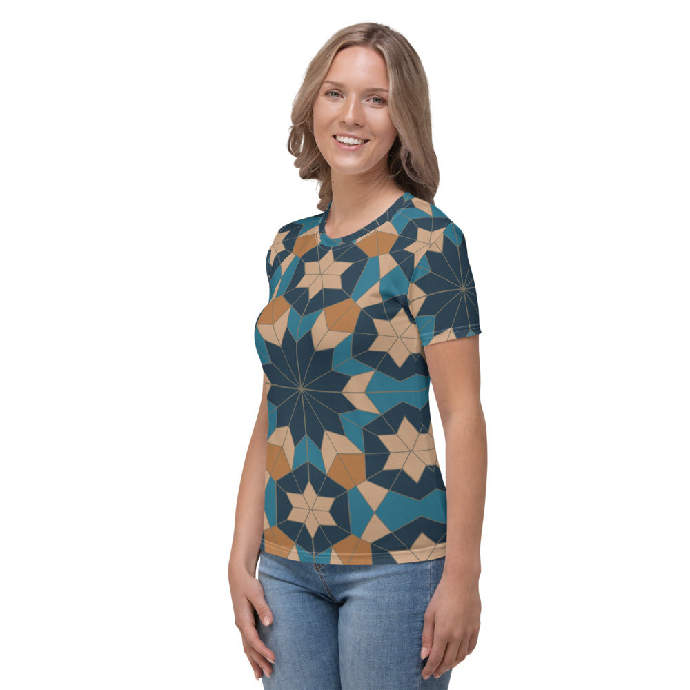 Women's T-shirt - Geometric Star in Red Sea Blue