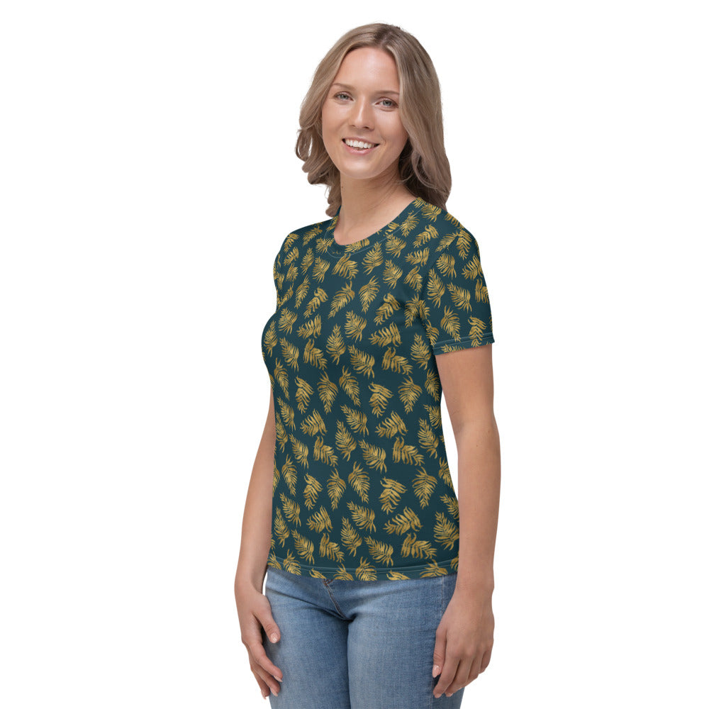 Women's T-shirt - Palm Leaves in Gold and Teal
