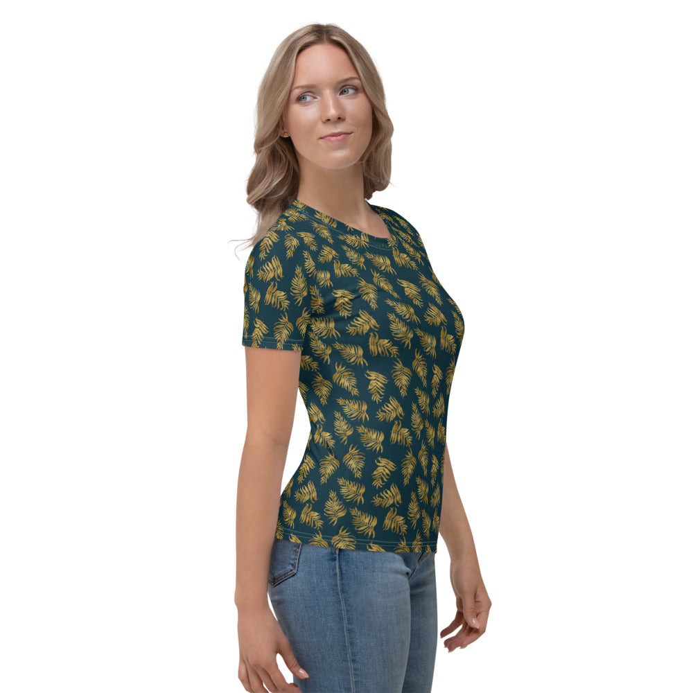 Women's T-shirt - Palm Leaves in Gold and Teal