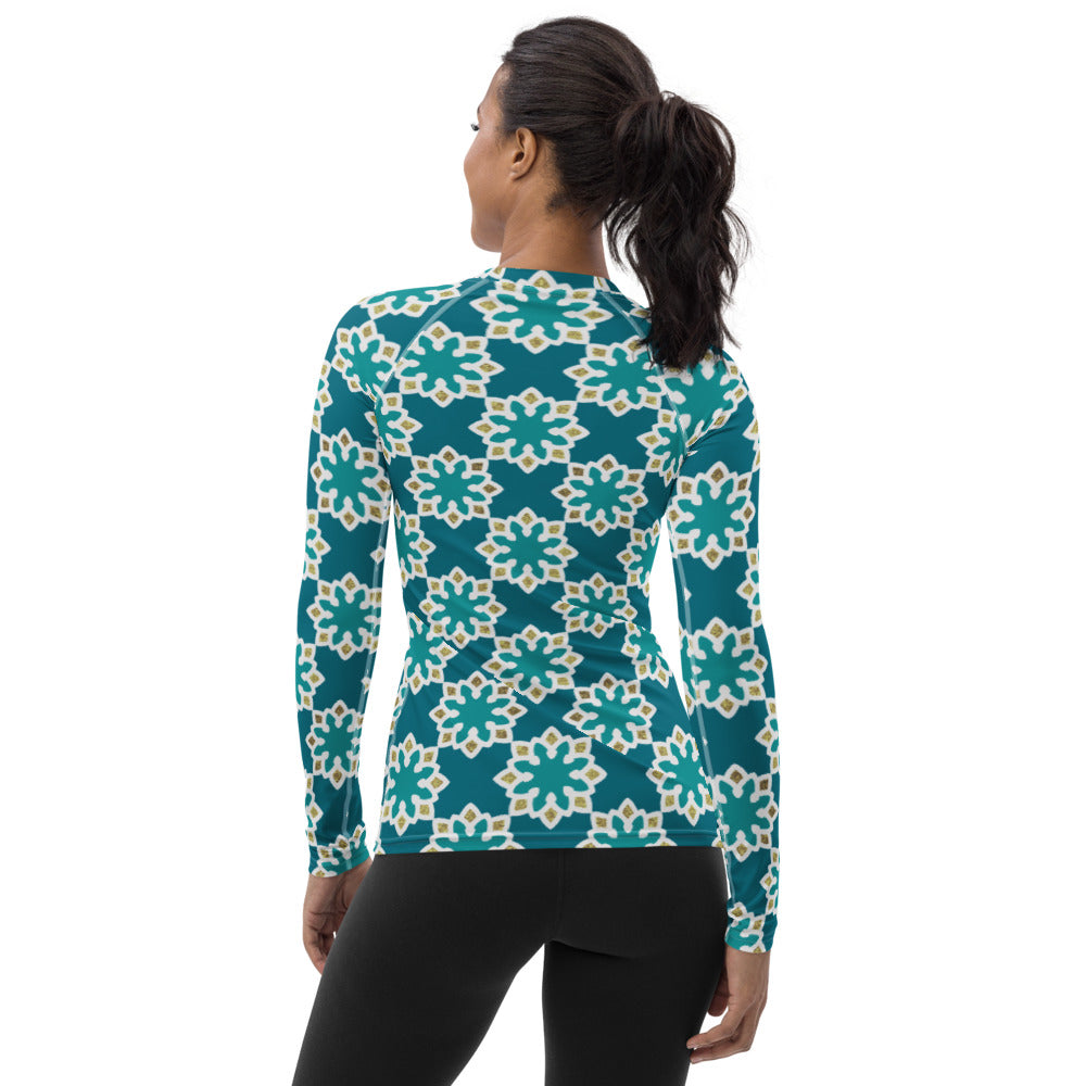 Women's Rash Guard - Arabesque Flowers in Aqua and Gold
