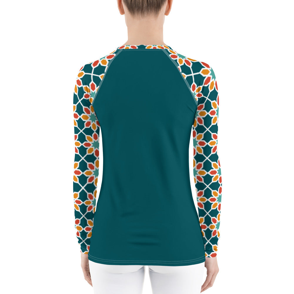 Women's Rash Guard - Geometric Desert Daisy Teal Sleeve