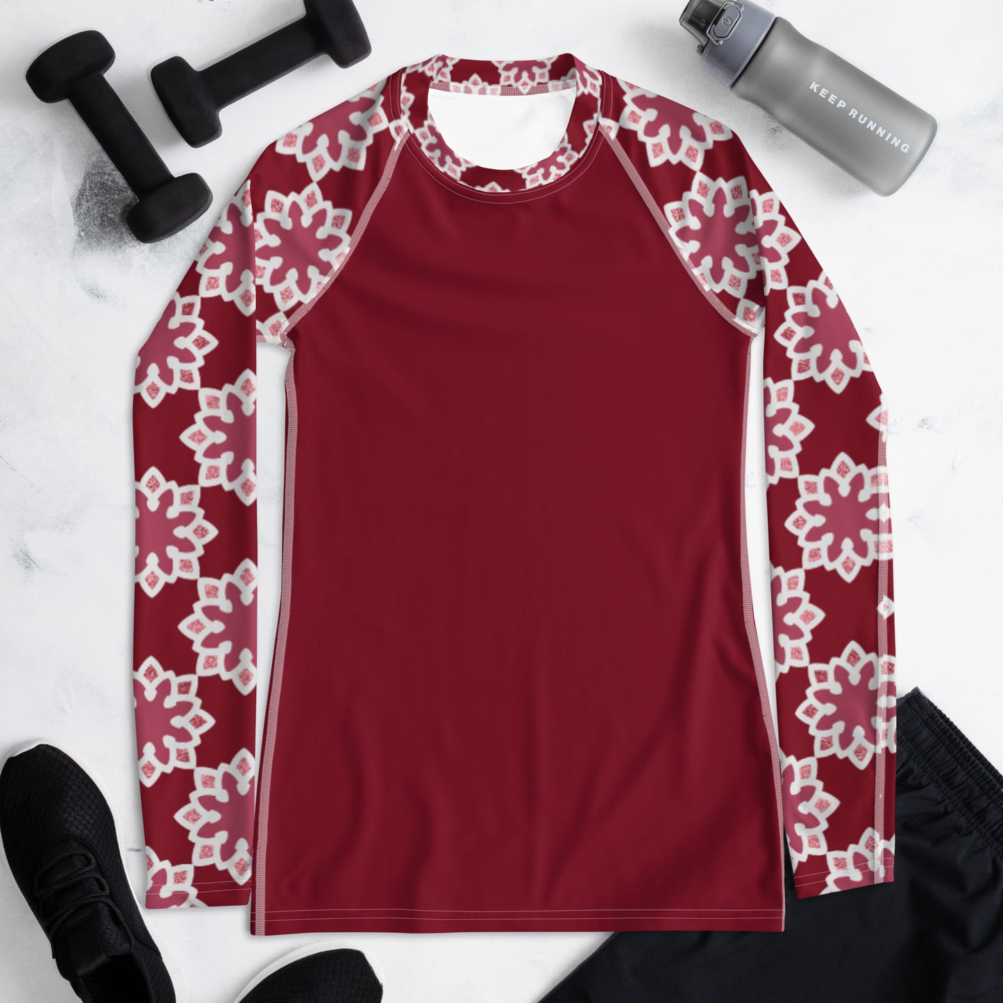 Women's Rash Guard - Arabesque Flower in Rouge Sleeve