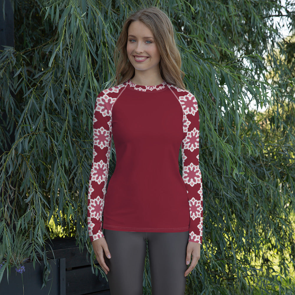 Women's Rash Guard - Arabesque Flower in Rouge Sleeve