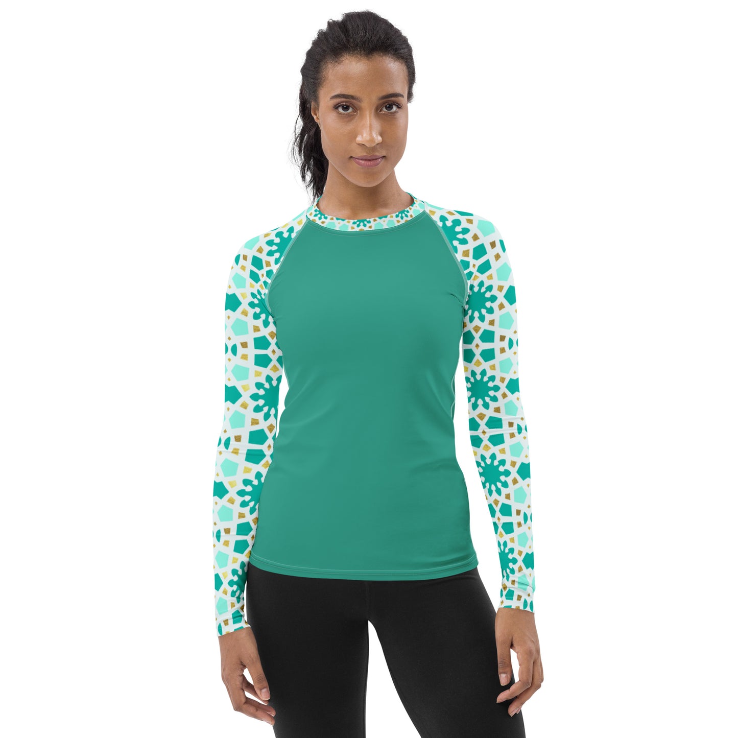 Women's Rash Guard - Geometric Arabesque in Mint and Gold Sleeve