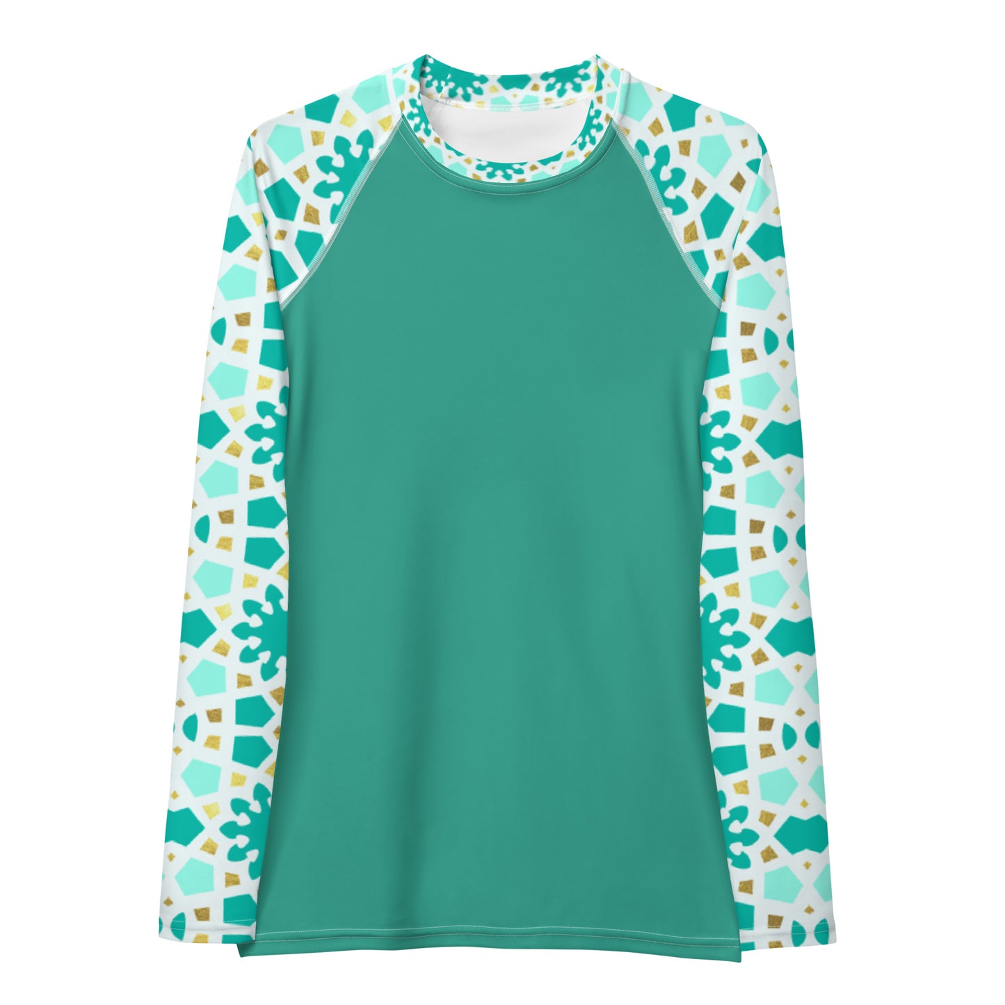 Women's Rash Guard - Geometric Arabesque in Mint and Gold Sleeve