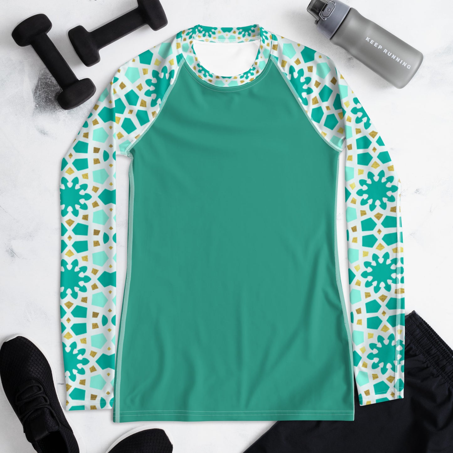 Women's Rash Guard - Geometric Arabesque in Mint and Gold Sleeve