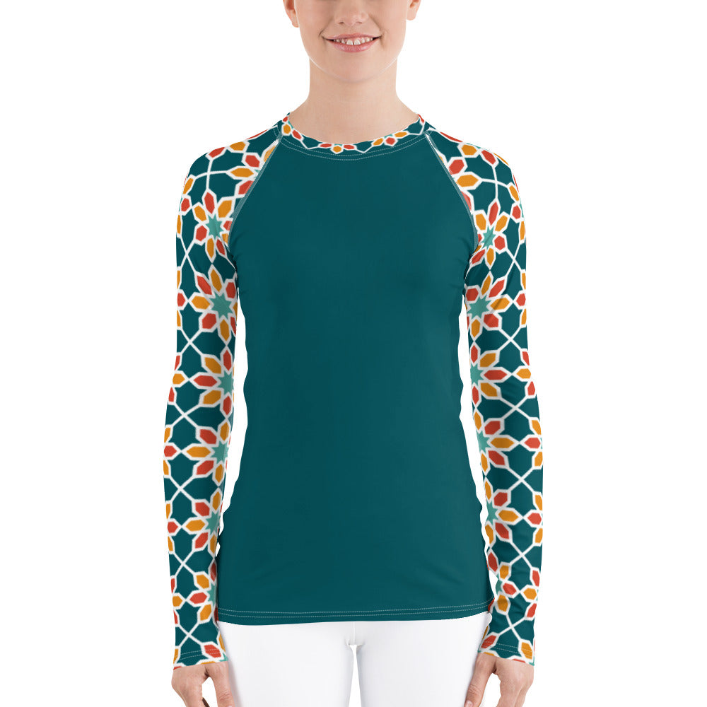 Women's Rash Guard - Geometric Desert Daisy Teal Sleeve