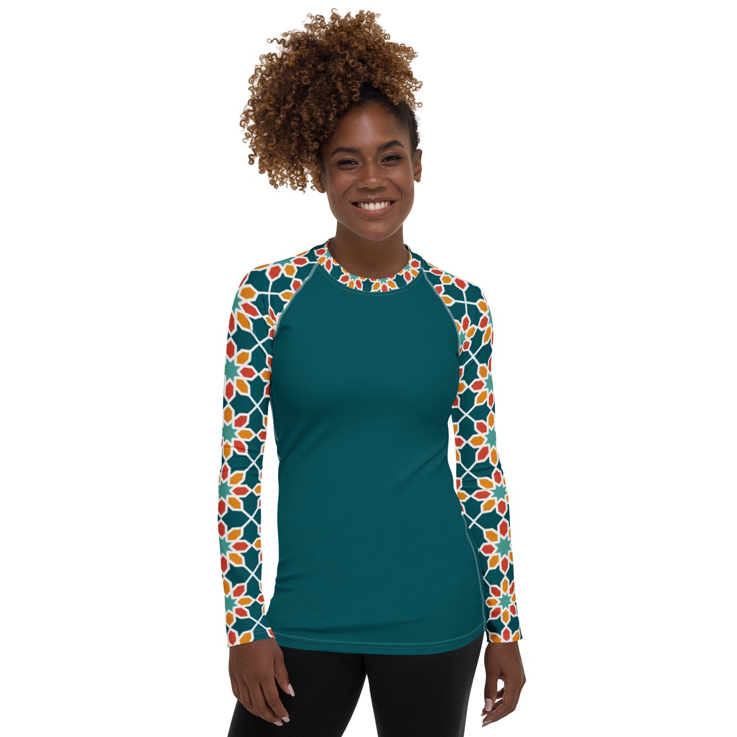 Women's Rash Guard - Geometric Desert Daisy Teal Sleeve