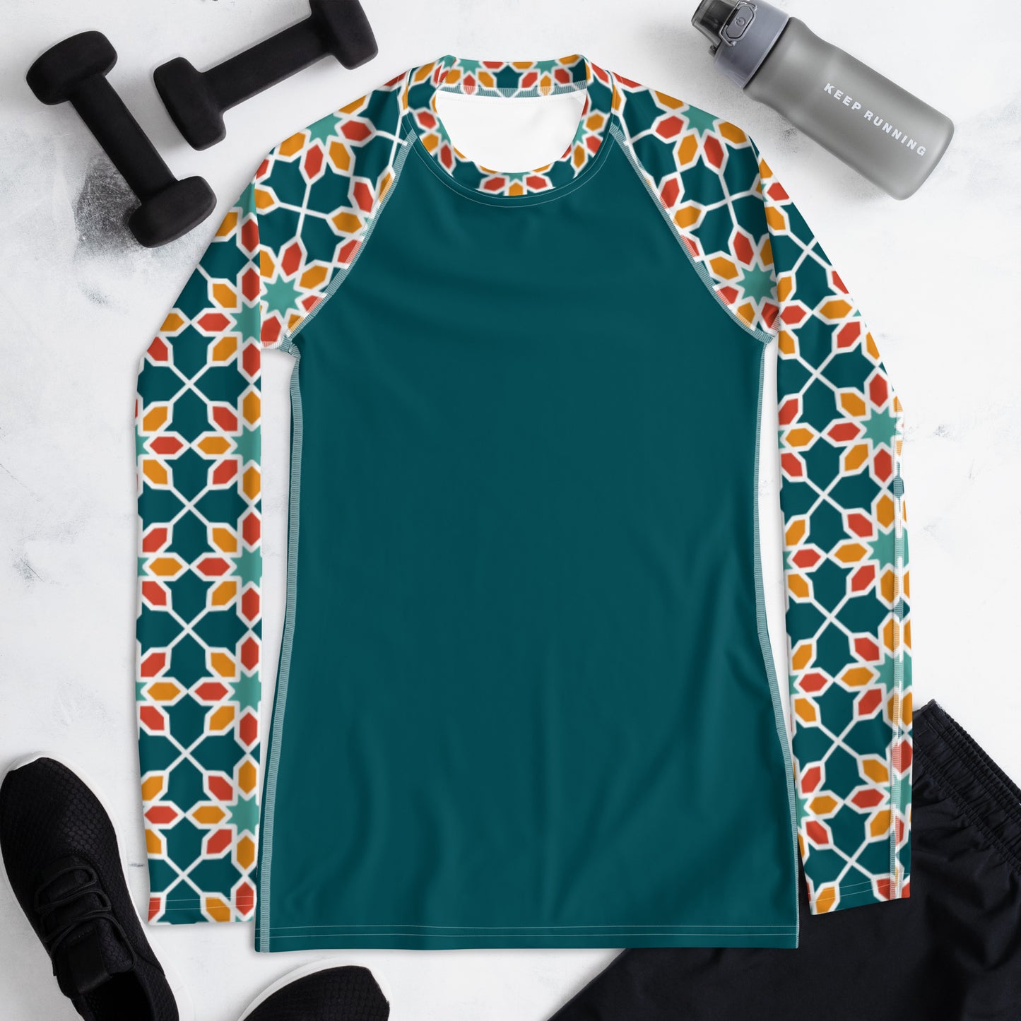 Women's Rash Guard - Geometric Desert Daisy Teal Sleeve