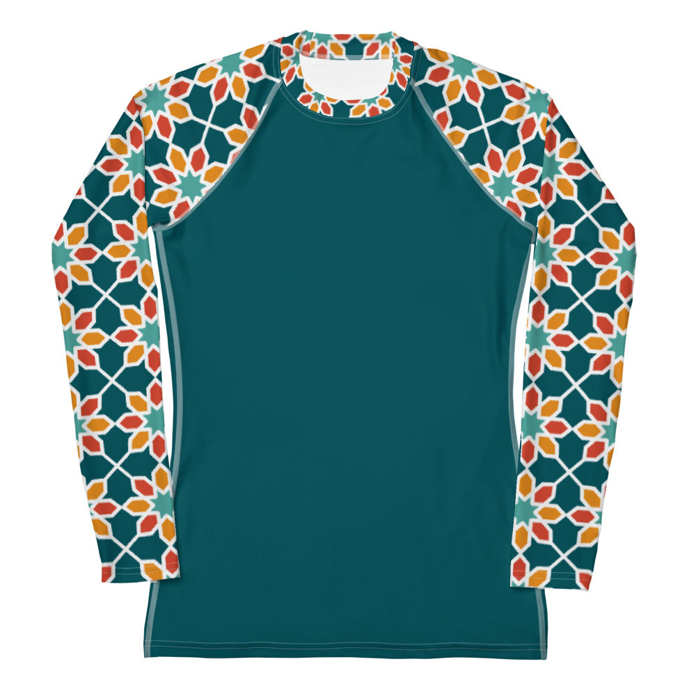 Women's Rash Guard - Geometric Desert Daisy Teal Sleeve
