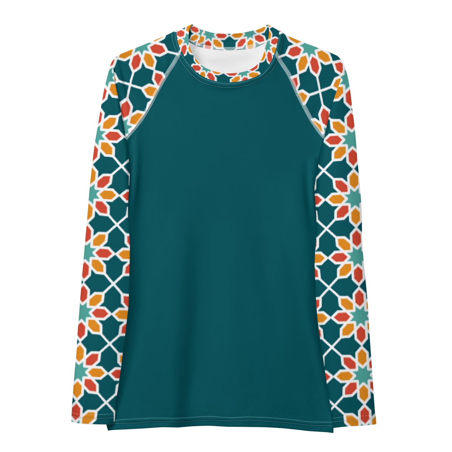 Women's Rash Guard - Geometric Desert Daisy Teal Sleeve
