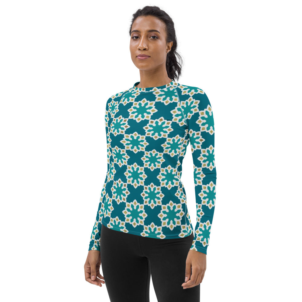 Women's Rash Guard - Arabesque Flowers in Aqua and Gold