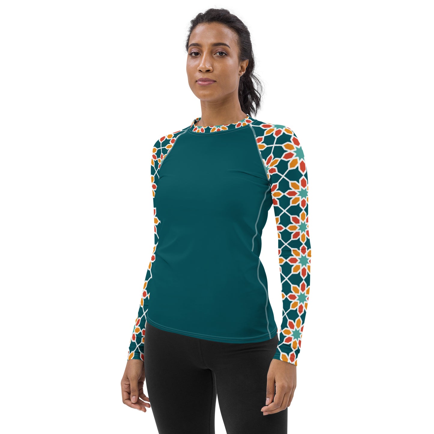 Women's Rash Guard - Geometric Desert Daisy Teal Sleeve