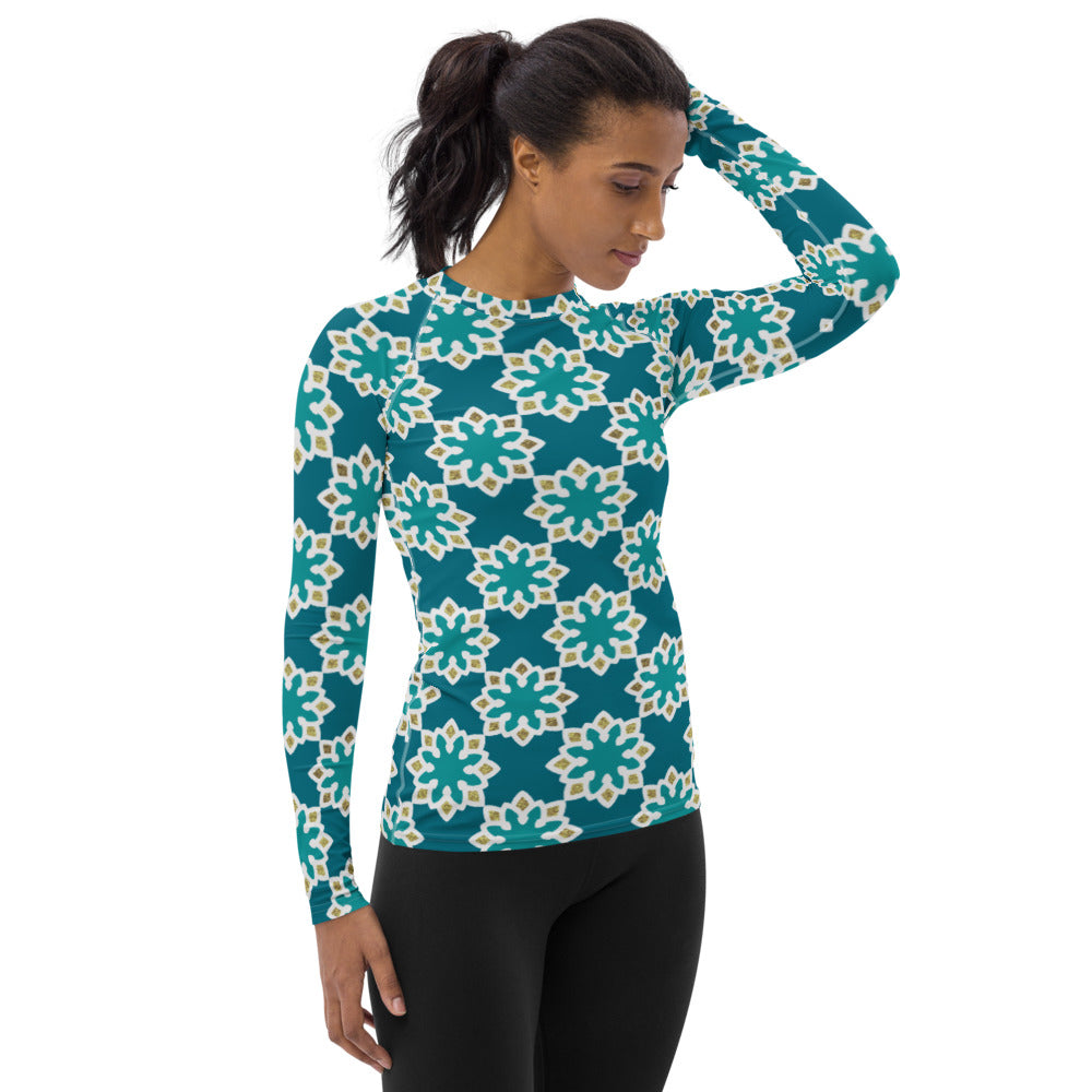 Women's Rash Guard - Arabesque Flowers in Aqua and Gold