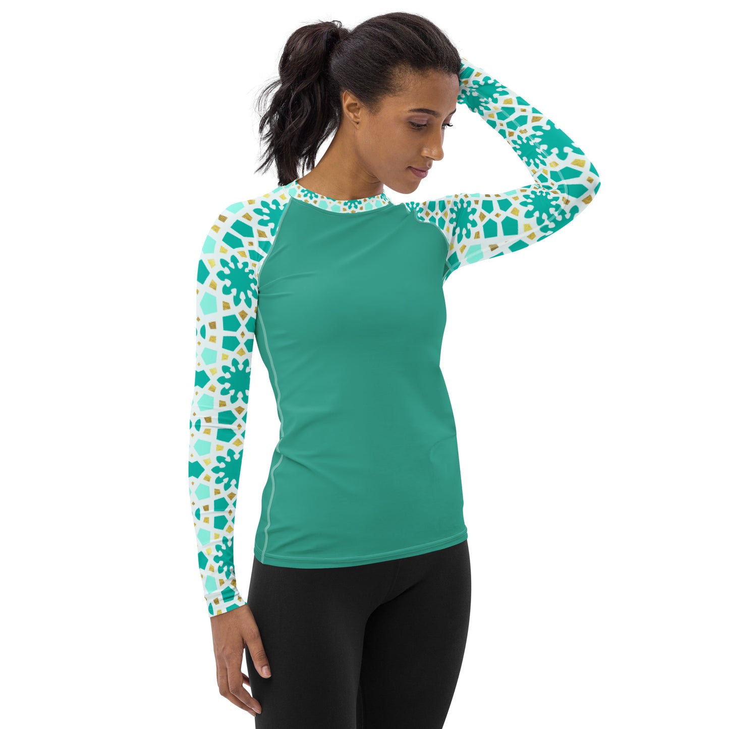 Women's Rash Guard - Geometric Arabesque in Mint and Gold Sleeve