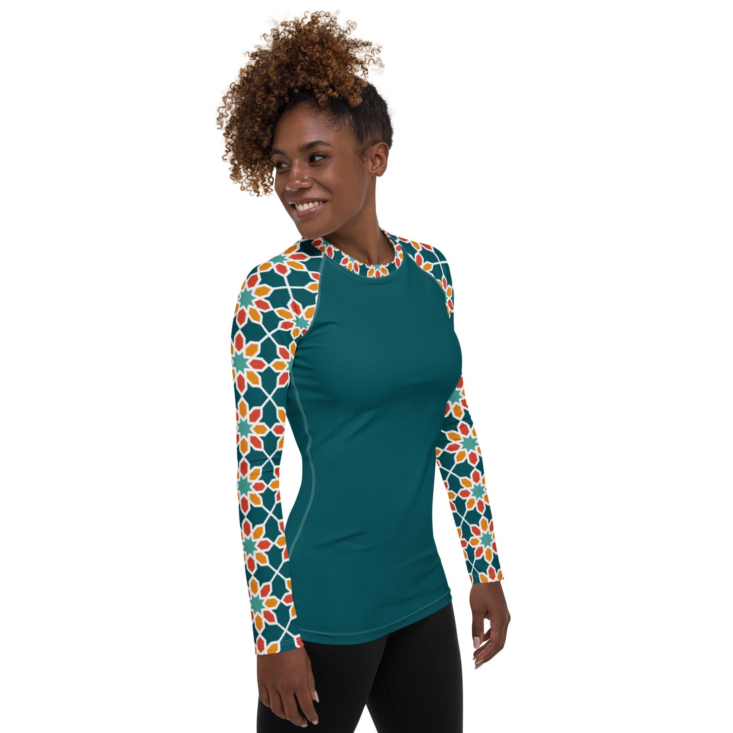 Women's Rash Guard - Geometric Desert Daisy Teal Sleeve