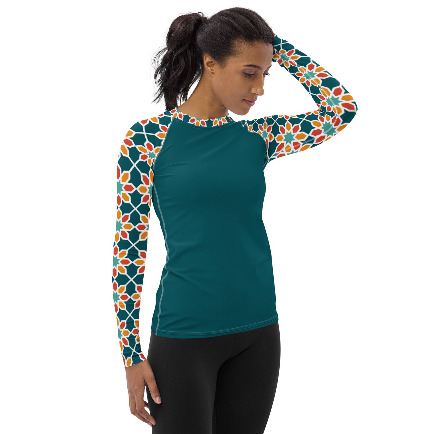 Women's Rash Guard - Geometric Desert Daisy Teal Sleeve