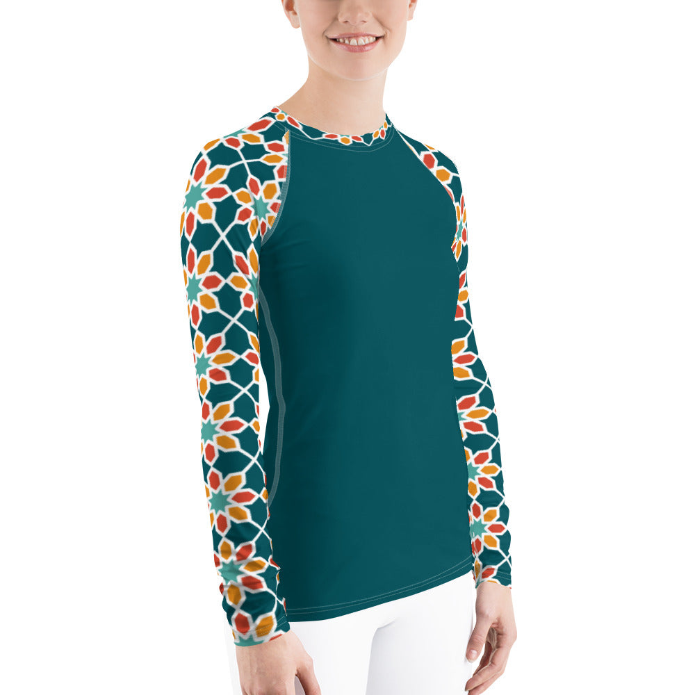 Women's Rash Guard - Geometric Desert Daisy Teal Sleeve