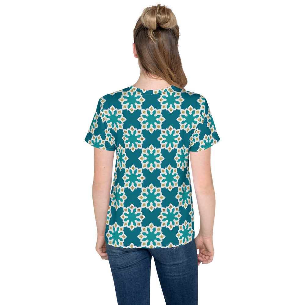 Youth crew neck t-shirt - Arabesque Flowers in Aqua and Gold