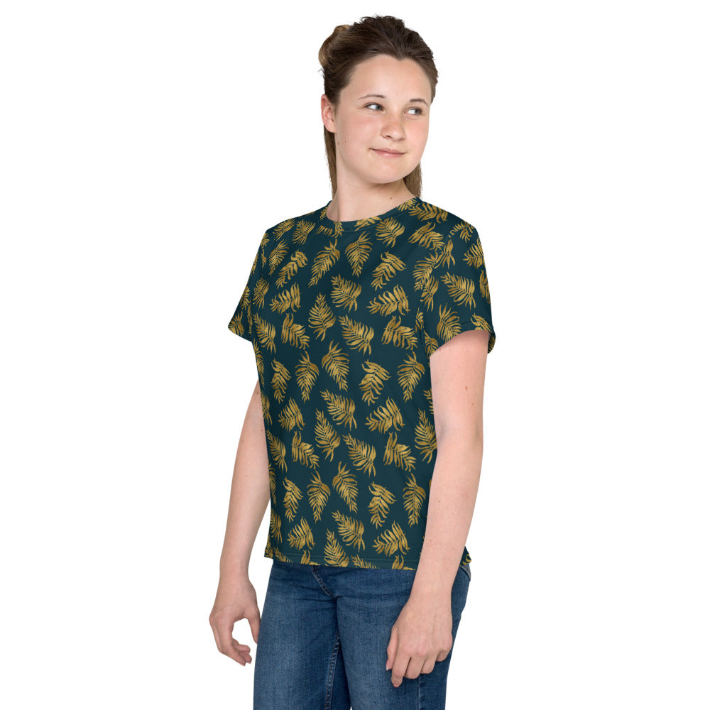 Youth crew neck t-shirt - Palm Leaves in Gold and Teal