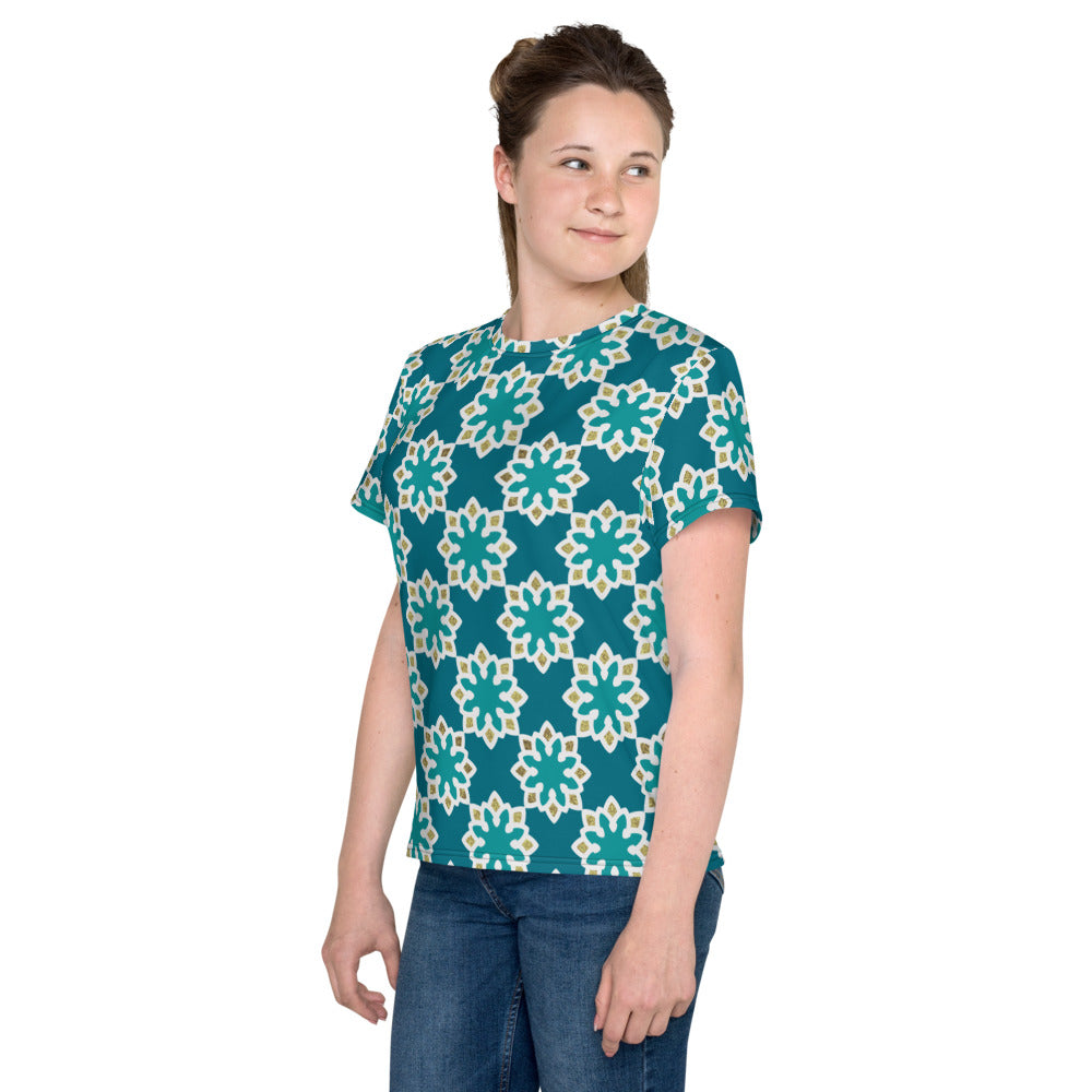 Youth crew neck t-shirt - Arabesque Flowers in Aqua and Gold