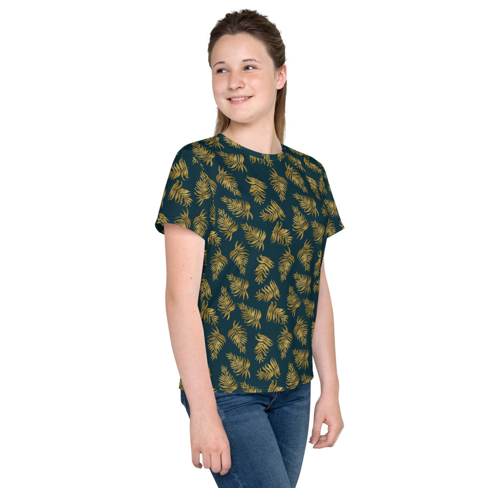 Youth crew neck t-shirt - Palm Leaves in Gold and Teal