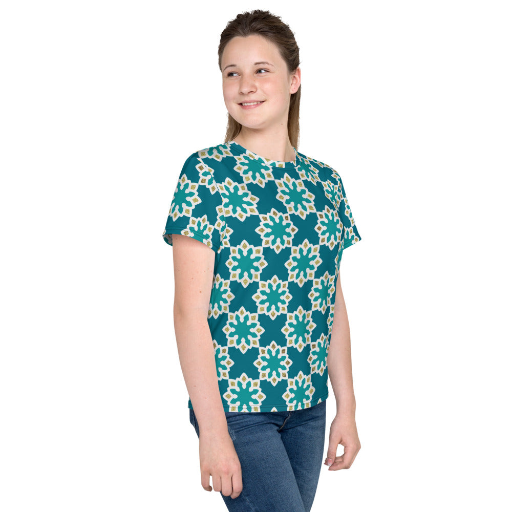 Youth crew neck t-shirt - Arabesque Flowers in Aqua and Gold