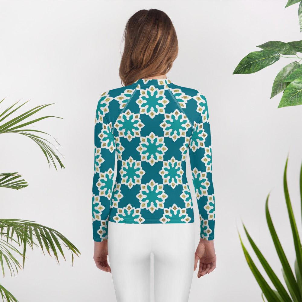 Youth Rash Guard - Arabesque flowers in Aqua and Gold