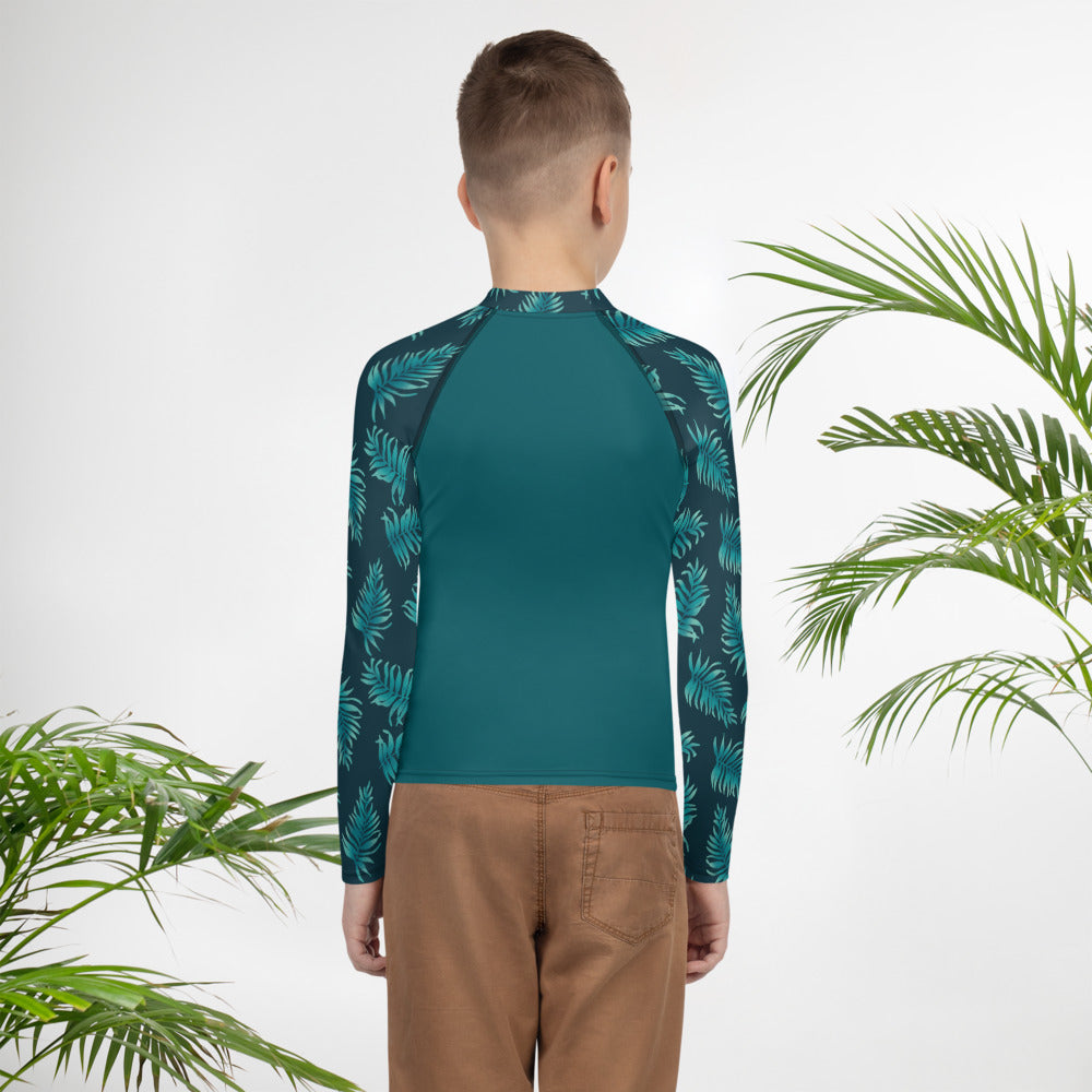 Youth Rash Guard - Palm Leaves in Blue Ombre