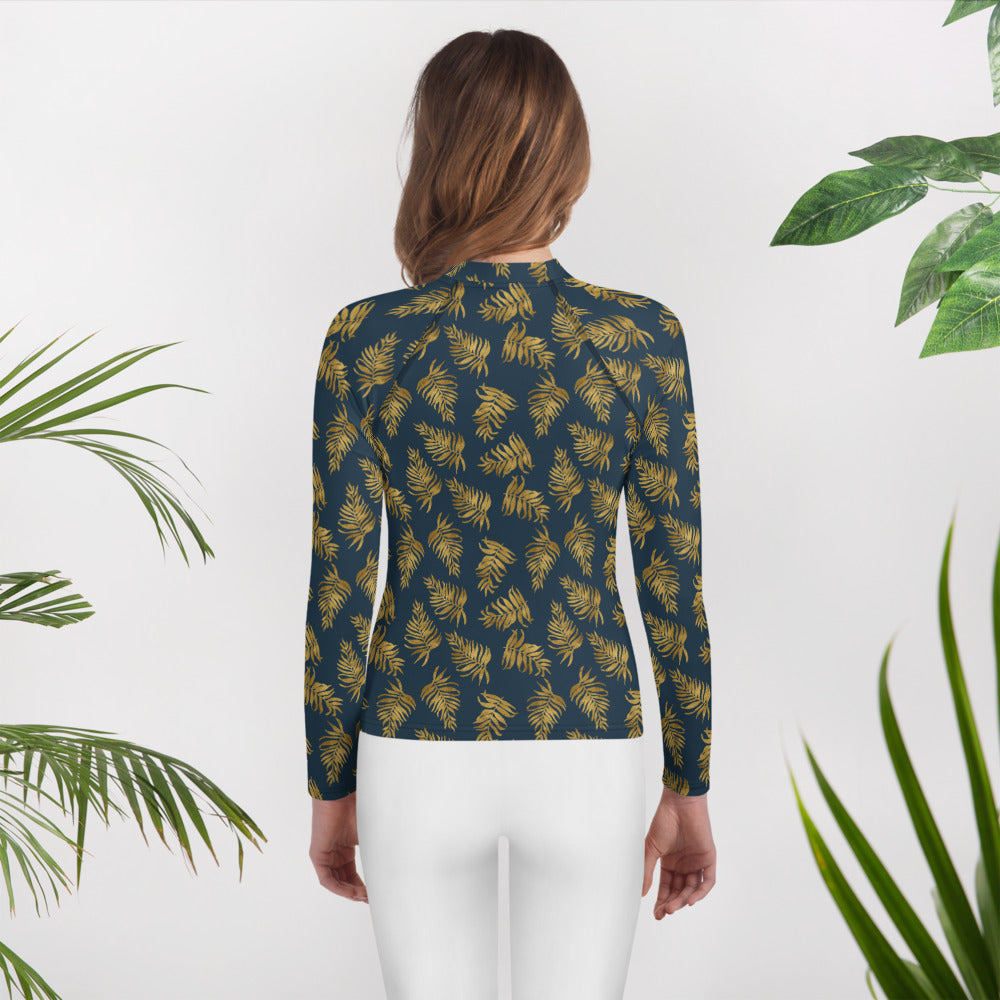 Youth Rash Guard - Palm Leaves in Slate and Gold