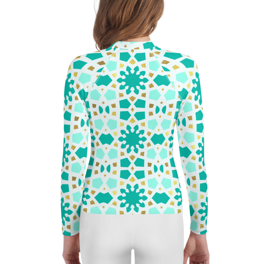 Youth Rash Guard - Geometric Arabesque in Mint and Gold