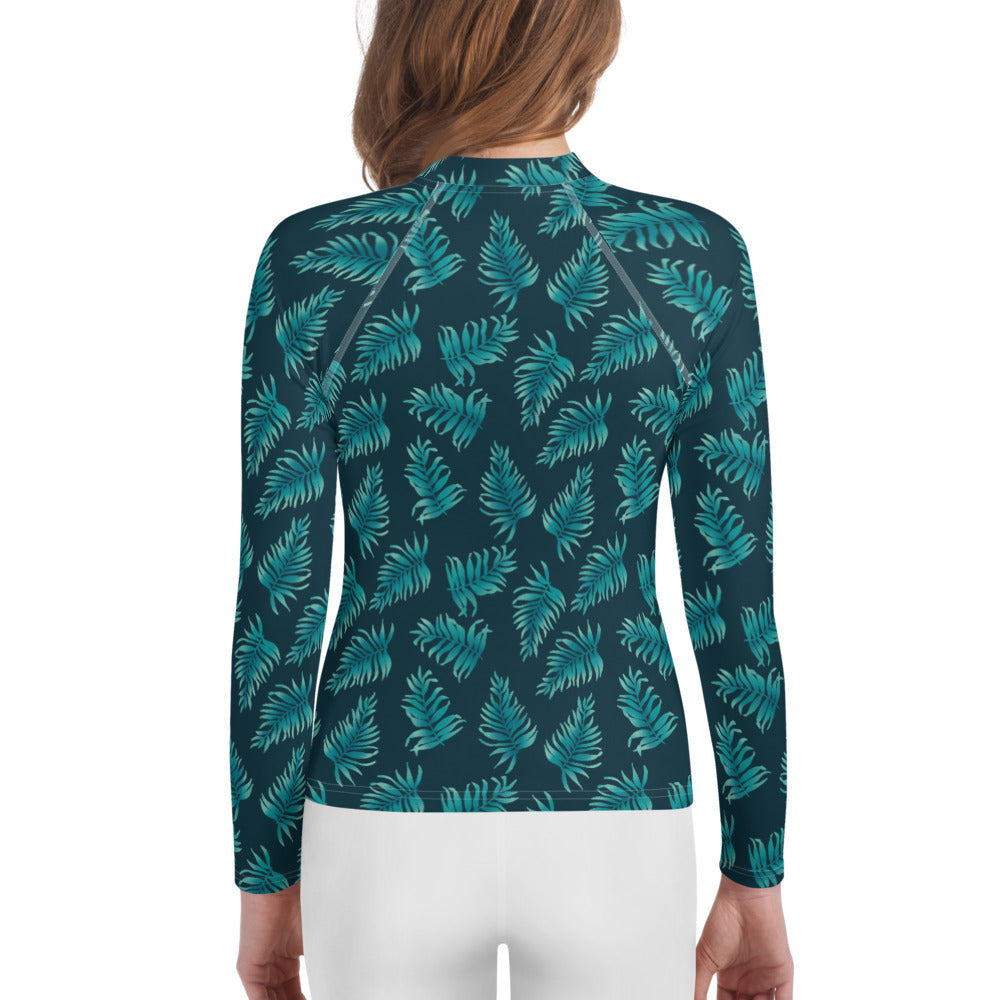Youth Rash Guard - Palm Leaves in Blue Ombre