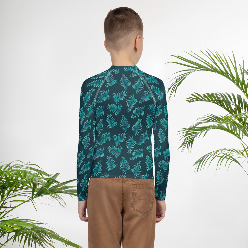 Youth Rash Guard - Palm Leaves in Blue Ombre