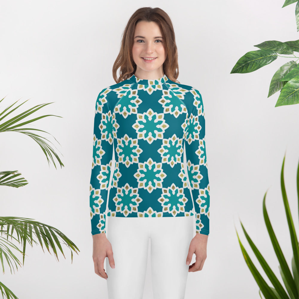 Youth Rash Guard - Arabesque flowers in Aqua and Gold