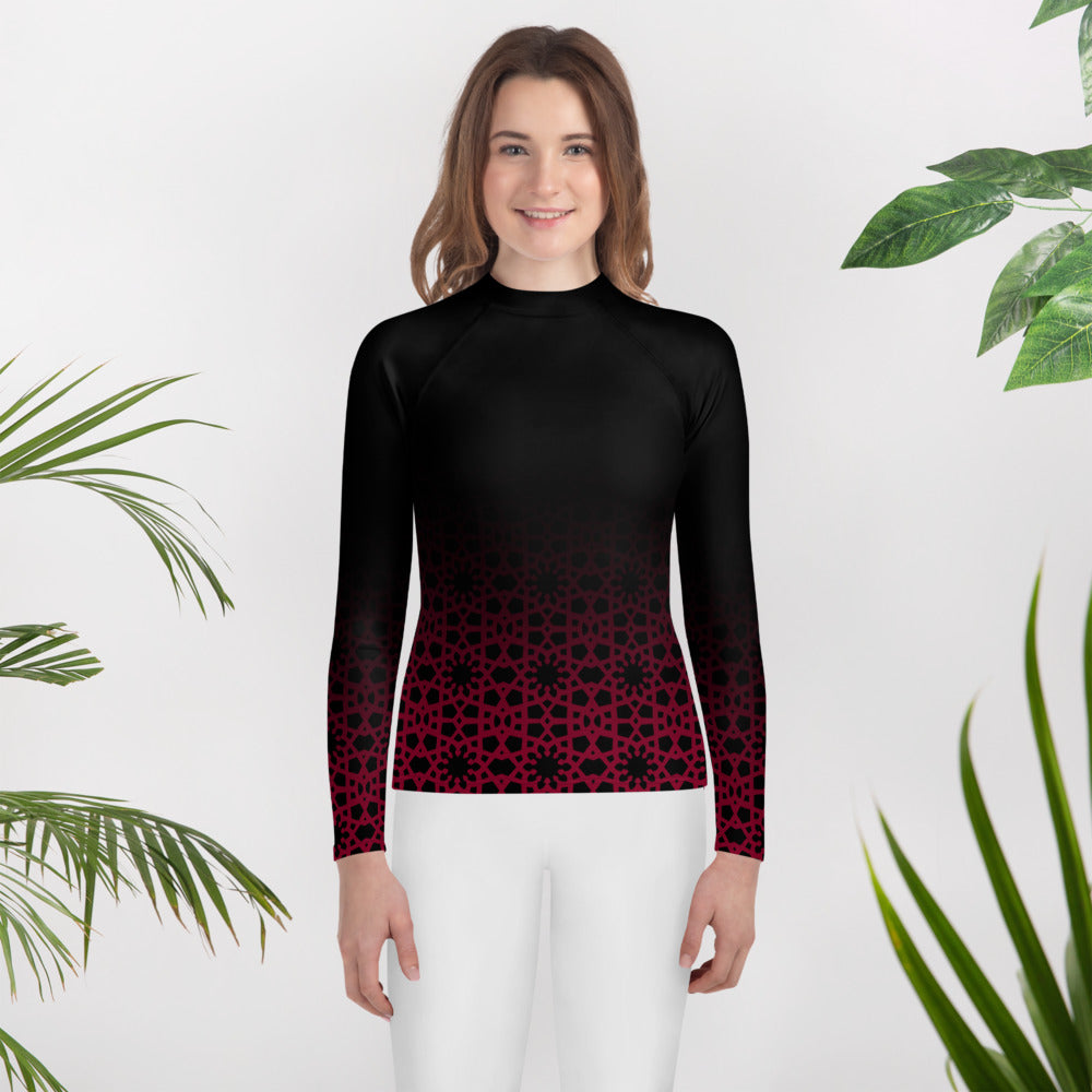 Youth Rash Guard - Geometric Ombre in Black and Red