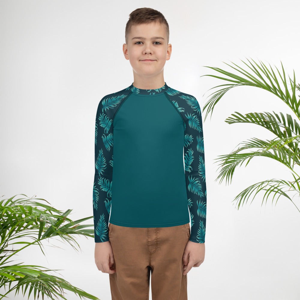 Youth Rash Guard - Palm Leaves in Blue Ombre