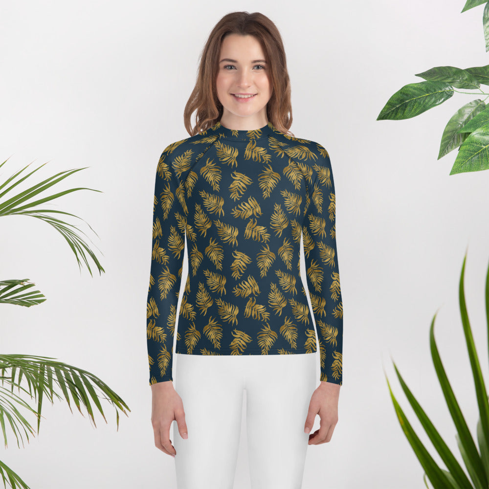 Youth Rash Guard - Palm Leaves in Slate and Gold