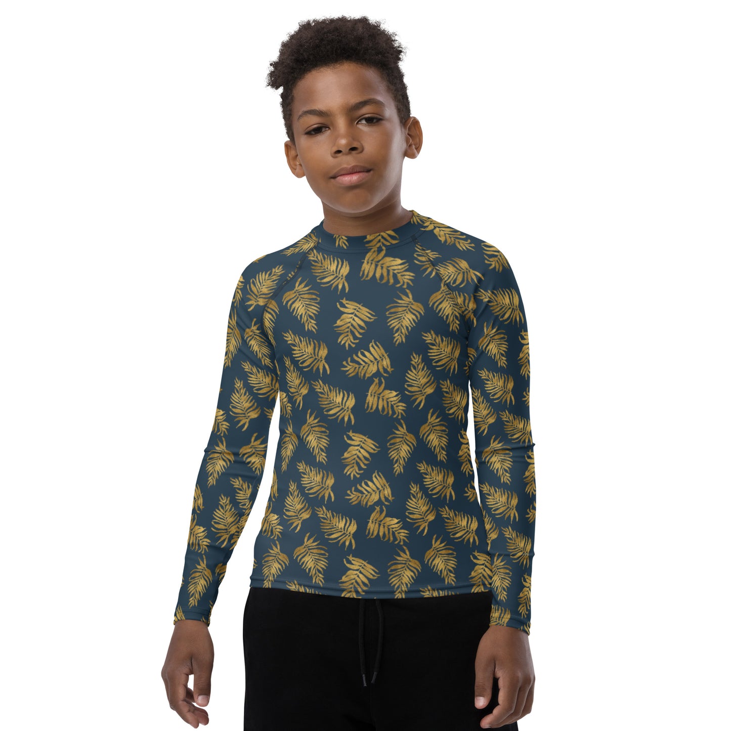 Youth Rash Guard - Palm Leaves in Slate and Gold