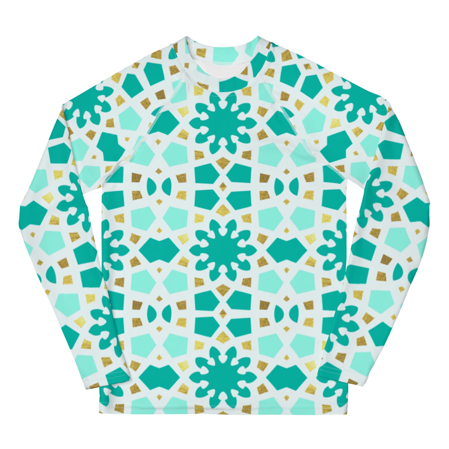 Youth Rash Guard - Geometric Arabesque in Mint and Gold