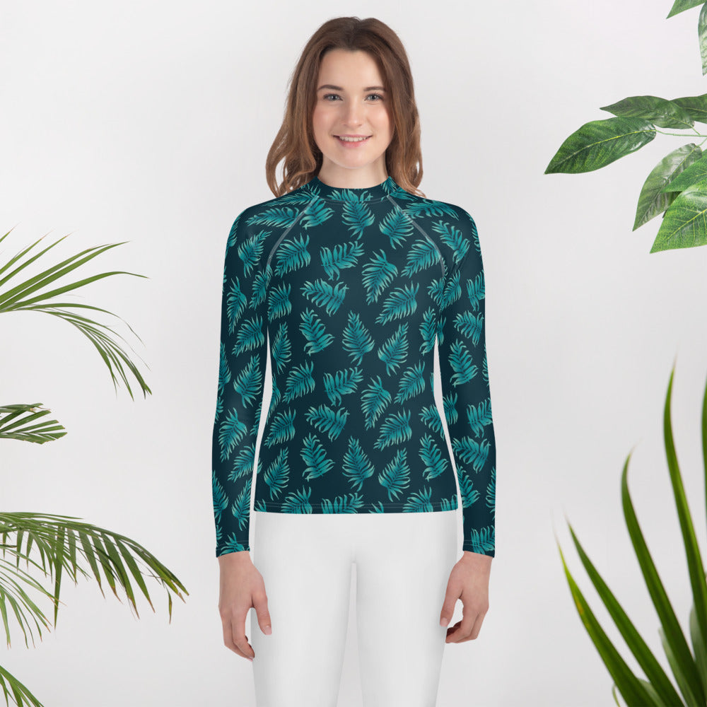Youth Rash Guard - Palm Leaves in Blue Ombre