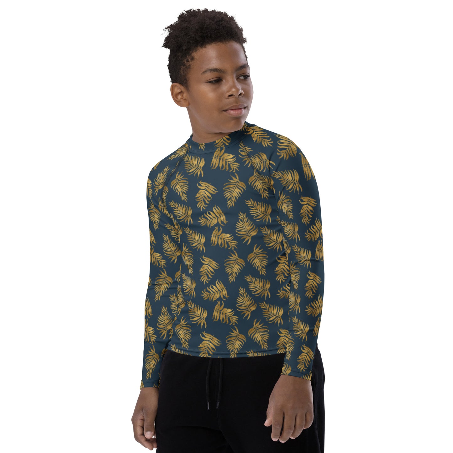 Youth Rash Guard - Palm Leaves in Slate and Gold